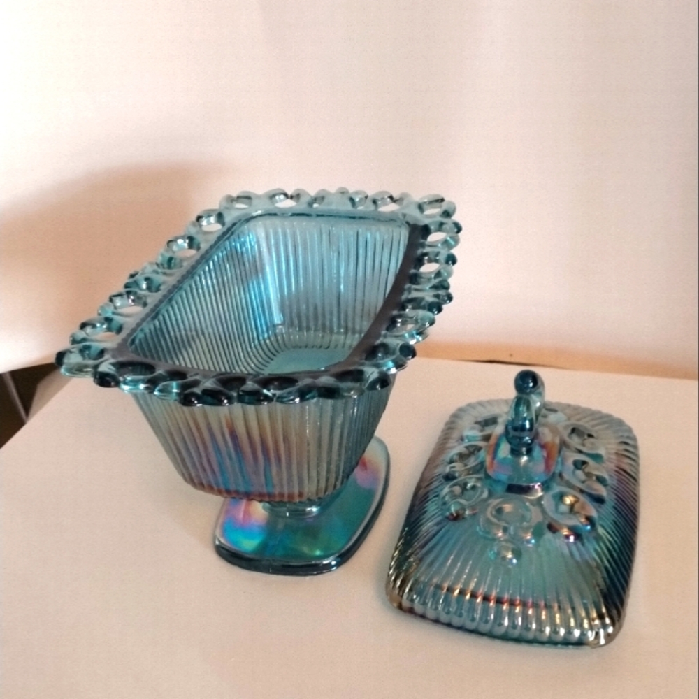 Carnival Indiana Iridescent Blue Glass Candy Dish with Lid - Picture 10 of 12